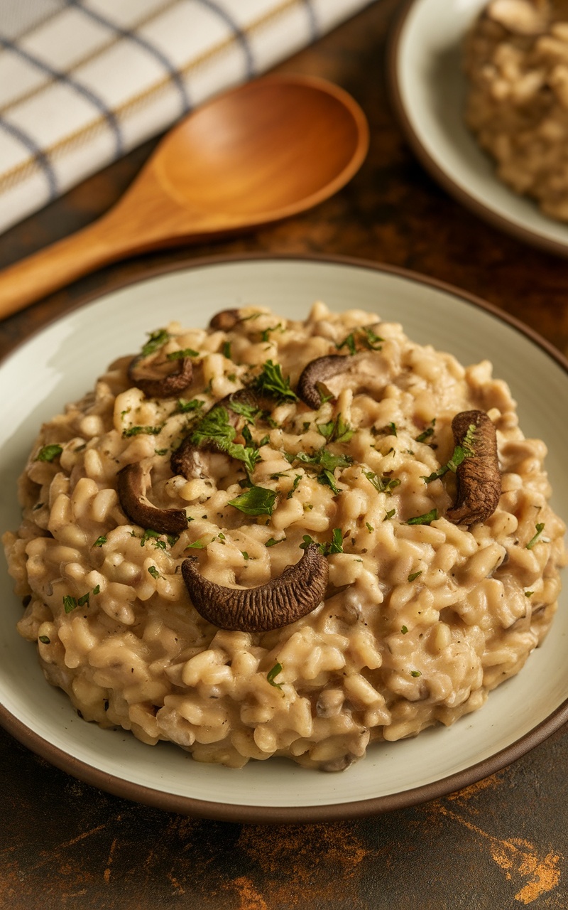 Creamy maitake risotto with mushrooms and parsley, served in a rustic setting.